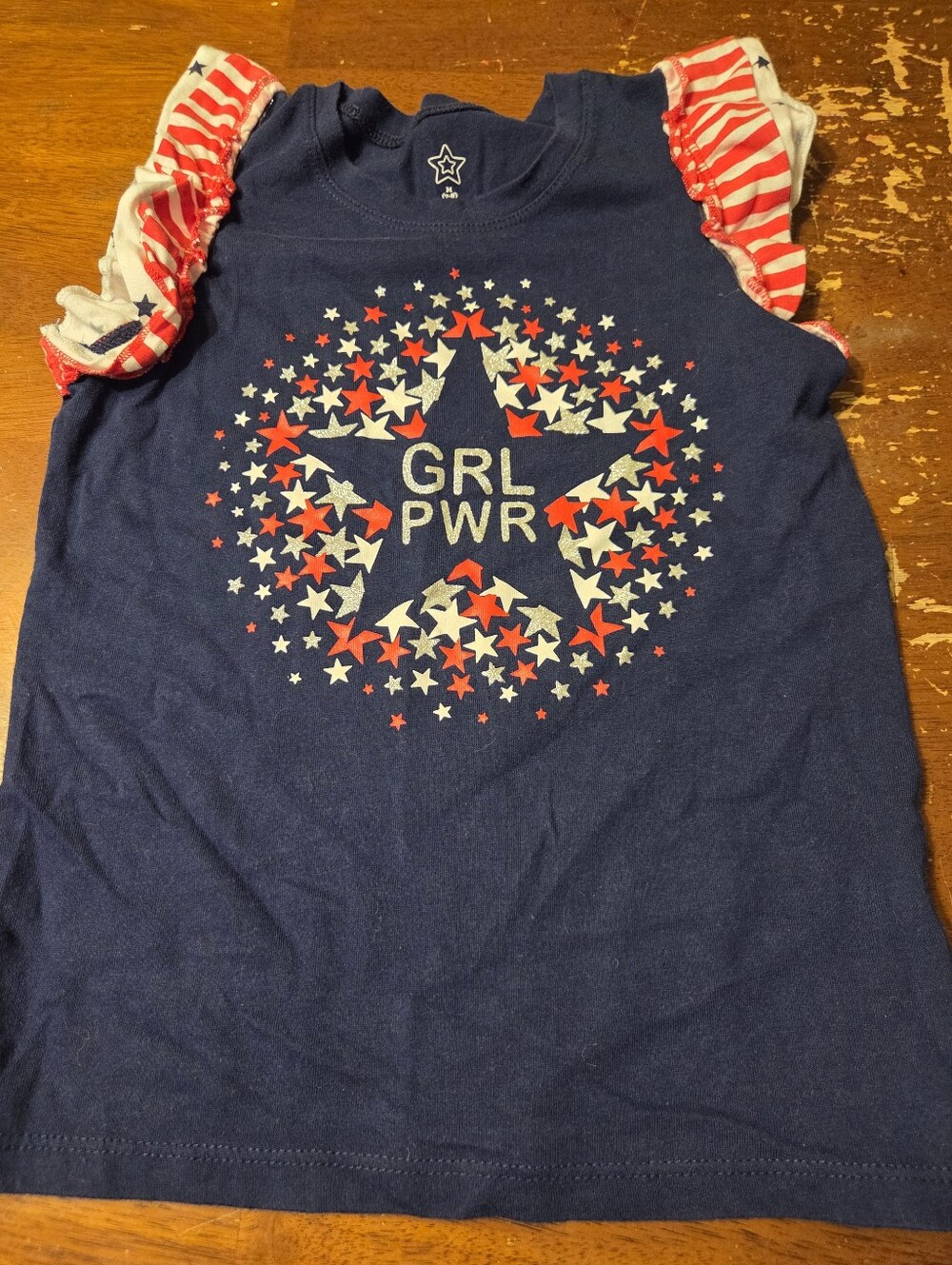 Kids Navy 'GRL PWR' Tee with Red & White Star Sleeve Accents
